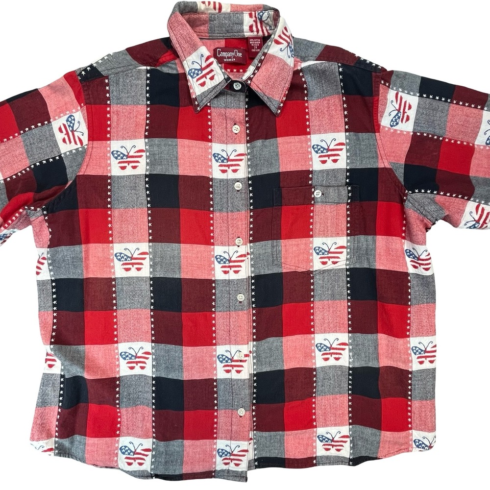 Company One Women Button‎ Down  Plaid Butterfly Americana Patriotic 4th July 2X